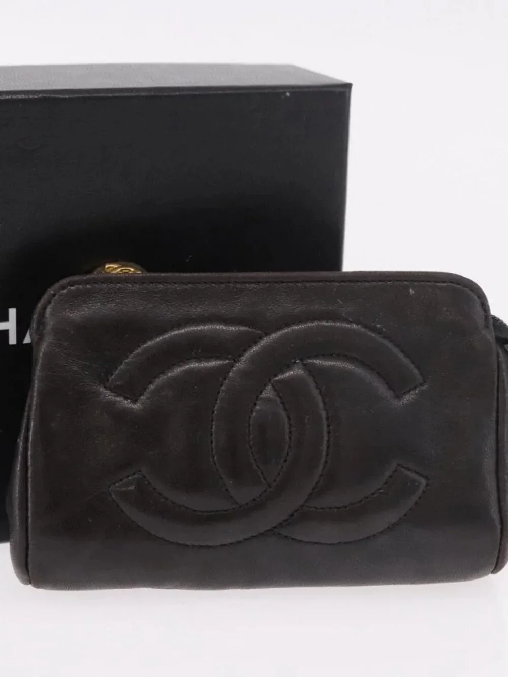 CHANEL COCO Mark Pouch Leather Black Gold CC Auth 189572